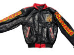 front view of the flintstones leather jacket chest applique logo with snap closure.