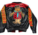 back view of the flintstones leather jacket featuring big applique logo with elastic hemline.