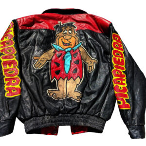 back view of the flintstones leather jacket featuring big applique logo with elastic hemline.