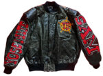 front view of yosemite-same leather jacket featuring rib knit collar diagonal pockets applique chest logo.
