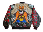 back view of yosemite-same leather jacket featuring applique work on sleeves and back.