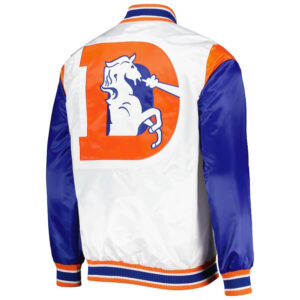 Back View of denver broncos white satin jacket rib knit cuffs and waistband big back logo.