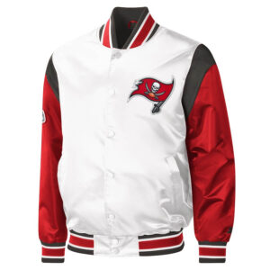 Front View Of Tampa Bay Buccaneers Satin Jacket Featuring Rib Knit Collar, Cuffs and Chest Embroidery Logo.