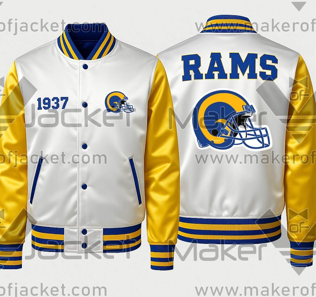 NFL ロサンゼルス ラムズ ヴィンテージ　スタジャン White Yellow Los Angeles Rams 1937 Satin Jacket - Maker of Jacket