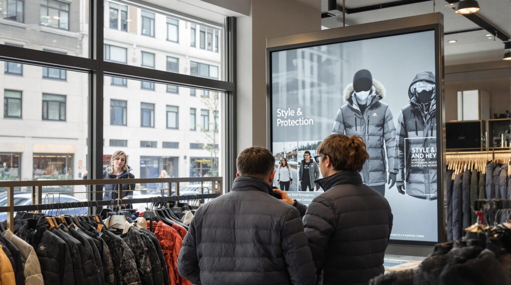 Two people examine jackets of traditional and advanced materials in a trendy store