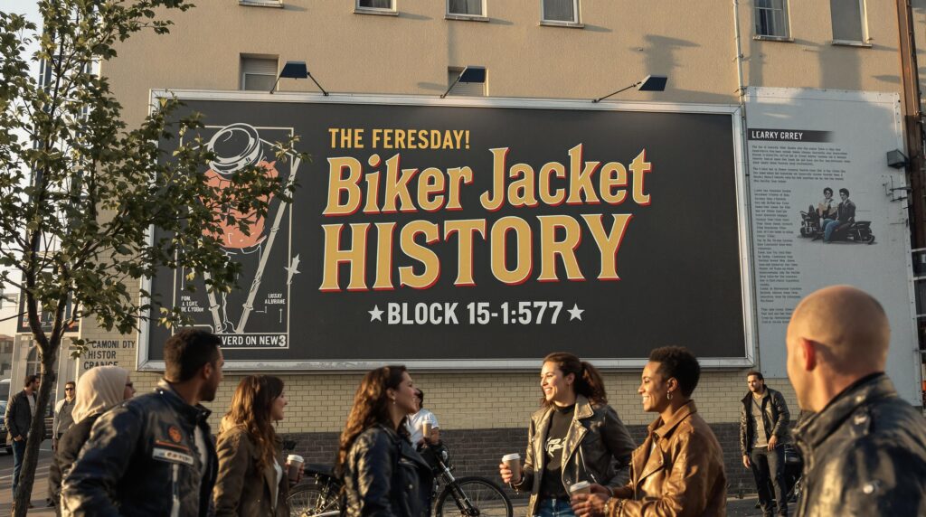 People wearing biker jackets on city street with history billboard