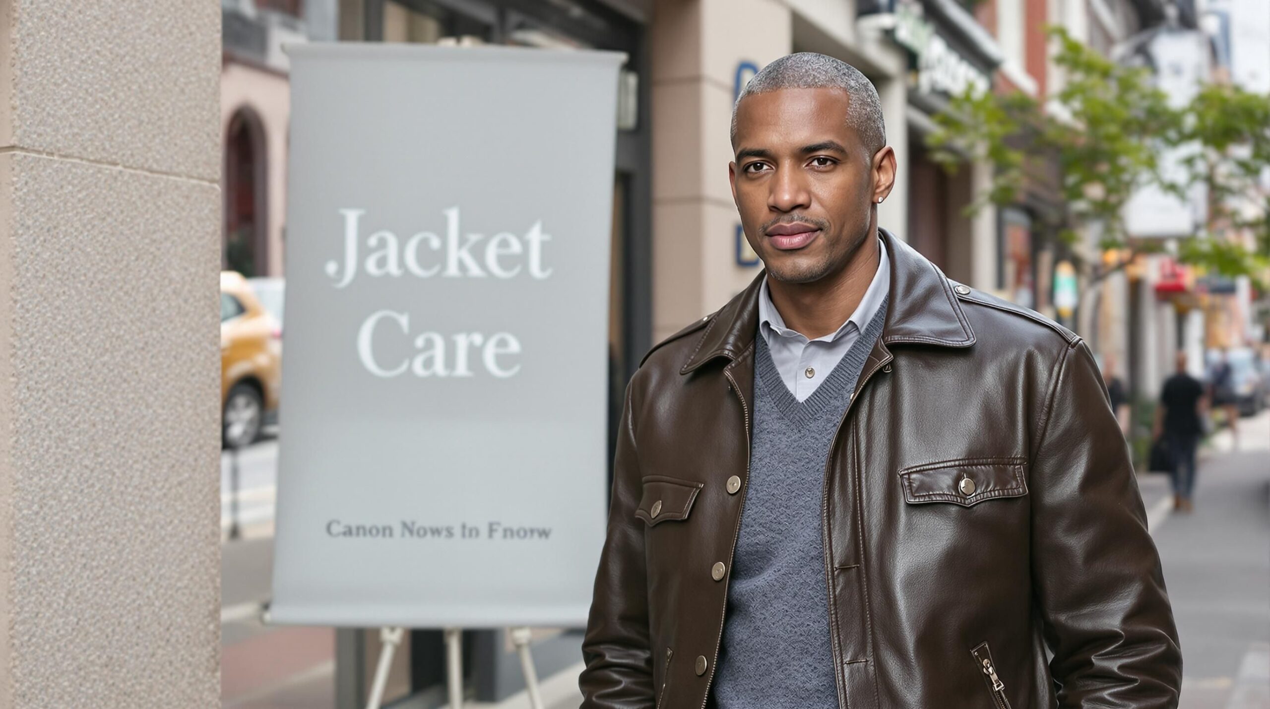 Person in pristine leather jacket standing confidently in city street