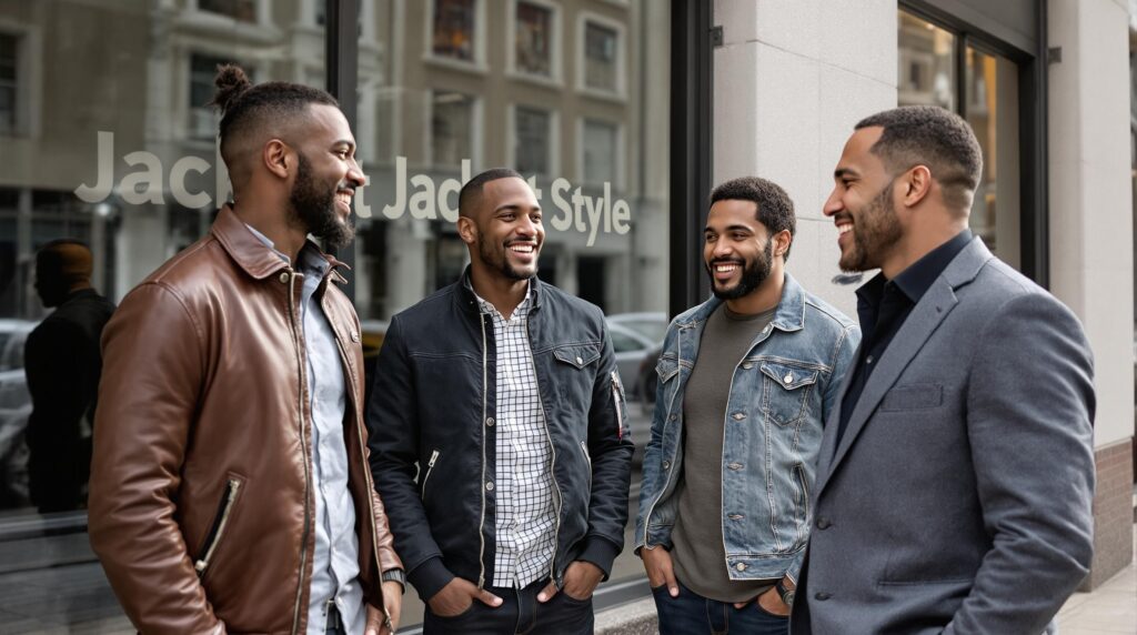 Group of men in different jacket styles outside city storefront