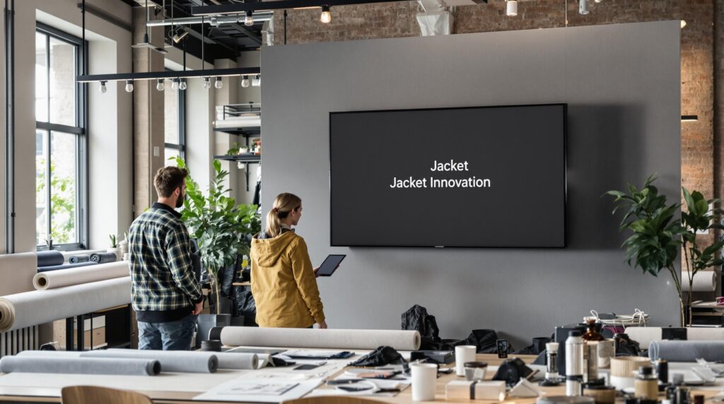 Fashion designers collaborating on modern jacket designs with innovation displayed
