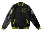 "Batman Super Heroes black and yellow varsity jacket front view with B logo, leather sleeves, and Gotham City FC patch"