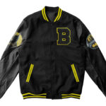 "Batman Super Heroes black and yellow varsity jacket front view with B logo, leather sleeves, and Gotham City FC patch"