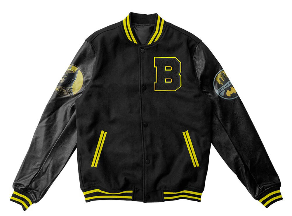 Batman-Super-Heroes-Black-Varsity-Jacket-1 "Batman Super Heroes black and yellow varsity jacket front view with B logo, leather sleeves, and Gotham City FC patch"