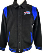 “Buffalo Bills black and blue wool varsity jacket front view with team logo on left chest and snap-button closure”