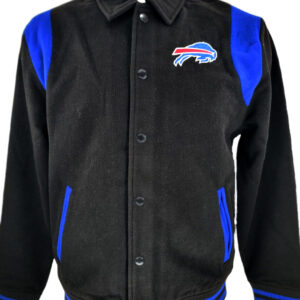 “Buffalo Bills black and blue wool varsity jacket front view with team logo on left chest and snap-button closure”