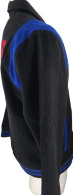 Buffalo Bills black and blue wool varsity jacket Right Side view With shoulders blue Wool Stripes.