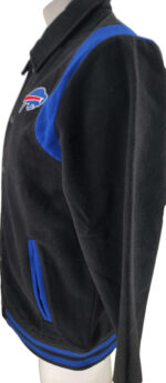 Buffalo Bills black and blue wool varsity jacket Left Side view With shoulders blue Wool Stripes.