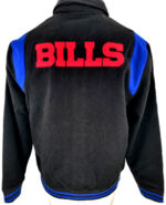 “Back view of Buffalo Bills wool varsity jacket showcasing bold BILLS lettering across design”