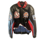 “Colorado Avalanche Jeff Hamilton 2001 Champions Leather Jacket front view featuring multicolor leather design, snap closure, chest logos, and stand-up collar.”