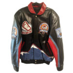 “Colorado Avalanche Jeff Hamilton 2001 Champions Leather Jacket front view featuring multicolor leather design, snap closure, chest logos, and stand-up collar.”