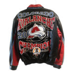 “Colorado Avalanche Jeff Hamilton 2001 Stanley Cup Champions Leather Jacket back view showcasing bold multicolor leather and large championship logo patch.”