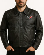 Corvette C7 black leather jacket front view with embroidered Corvette logo on chest