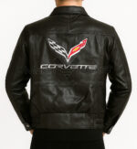Corvette C7 black leather jacket back view featuring large embroidered Corvette emblem