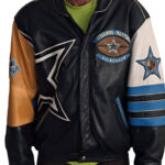 Dallas Cowboys Back 2 Back Super Bowl Champions multicolor leather jacket front view with team logos and snap-button closure.