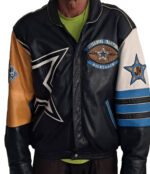 Dallas Cowboys Back 2 Back Super Bowl Champions multicolor leather jacket front view with team logos and snap-button closure.