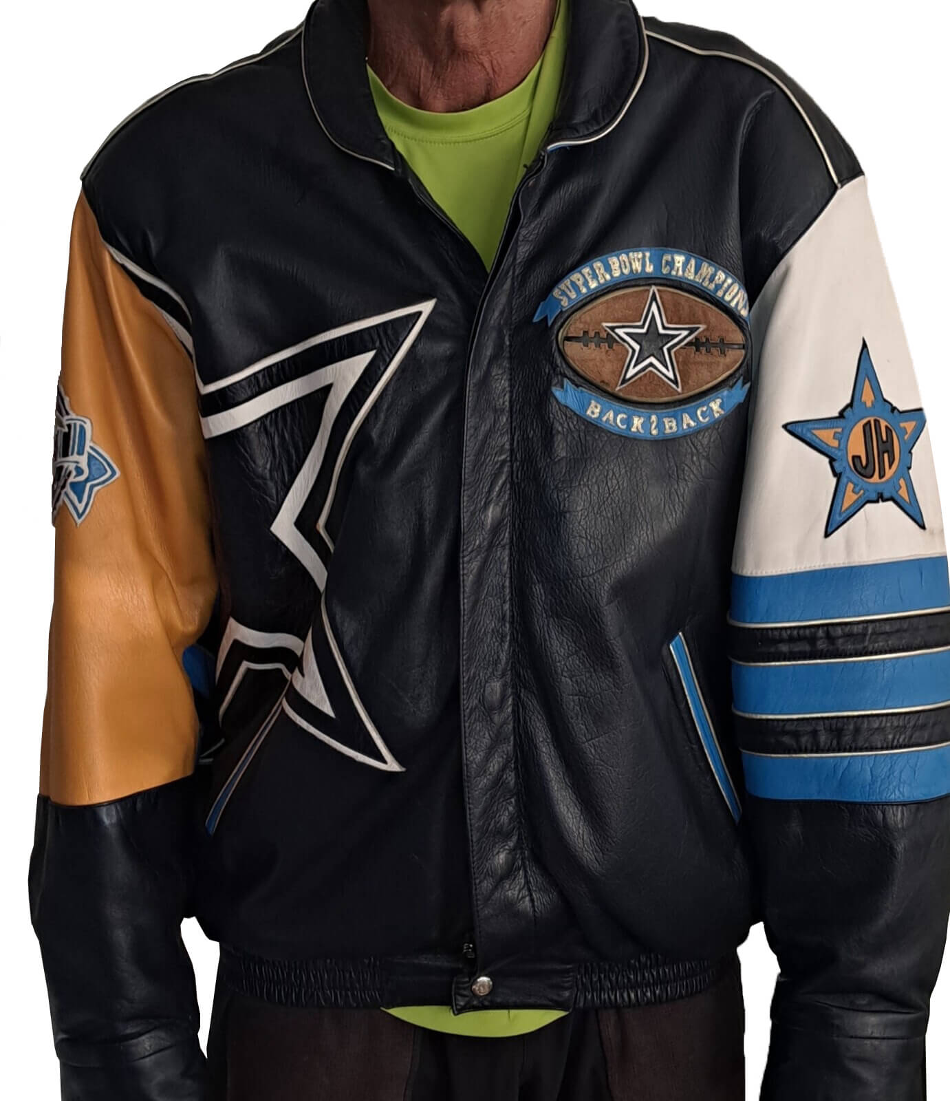 Dallas-Cowboys-Back-2-Back-Superbowl-Champions-Leather-Jacket-1 Dallas Cowboys Back 2 Back Super Bowl Champions multicolor leather jacket front view with team logos and snap-button closure.