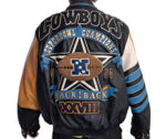 Dallas Cowboys Super Bowl XXVII and XXVIII Champions leather jacket back view featuring bold championship graphic and NFC football patch.