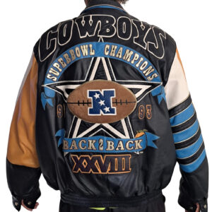 Dallas Cowboys Super Bowl XXVII and XXVIII Champions leather jacket back view featuring bold championship graphic and NFC football patch.