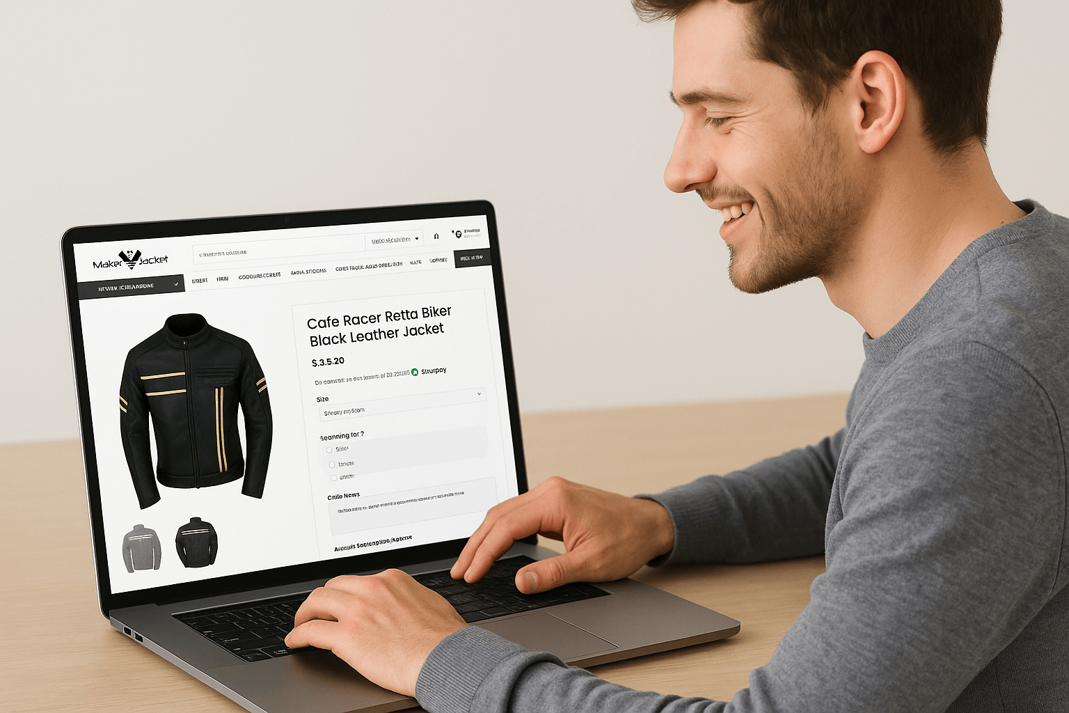 Step one: Order placed – Customer with smiling man shopping on Maker of Jacket website for a Cafe Racer retro biker black leather jacket on laptop at home
