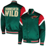 Green Minnesota Wild Team Full-Snap Satin Jacket showing front with team logo on chest and back with bold MINNESOTA WILD lettering in green, red, and white colors.