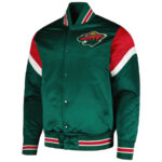 Front view of Green Minnesota Wild Team Full-Snap Satin Jacket with team logo on chest, rib-knit collar, cuffs, and snap closure