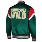 Back view of Green Minnesota Wild Team Full-Snap Satin Jacket featuring bold MINNESOTA WILD lettering in team colors
