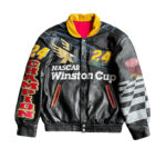 front view of nascar winston cup leather jacket featuring standup collar, snap closure, front spellout.
