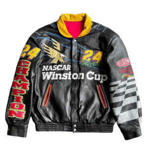 front view of nascar winston cup leather jacket featuring standup collar, snap closure, front spellout.