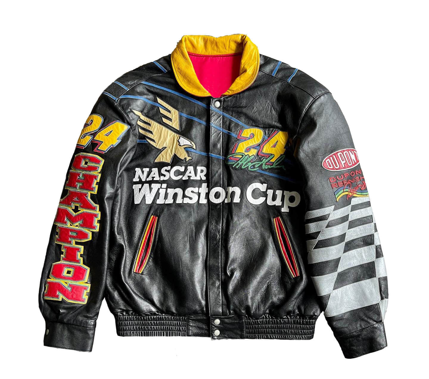 Jeff-Hamilton-Nascar-Winston-Cup-Jeff-Gordon-Leather-Jacket-1 front view of nascar winston cup leather jacket featuring standup collar, snap closure, front spellout.