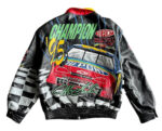Back view of nascar winston cup leather jacket featuring elastic waistband and big applique work