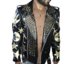 Men’s punk kink BLUF biker style black leather jacket with gold metallic star, moon, and hand symbols; front view showing studded lapels and shoulder epaulettes.