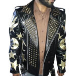 Men’s punk kink BLUF biker style black leather jacket with gold metallic star, moon, and hand symbols; front view showing studded lapels and shoulder epaulettes.