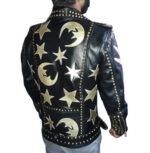 Back view of men’s punk BLUF biker leather jacket featuring gold stars and crescent moons with metallic studs and structured seam details.
