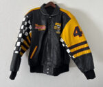 "Sam Hornish Jr Panther Racing Leather Jacket front view with racing patches and snap closure"
