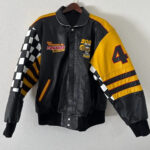 "Sam Hornish Jr Panther Racing Leather Jacket front view with racing patches and snap closure"