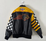 "PENNZOIL logo and Panther patch on back of black and yellow Sam Hornish Jr racing leather jacket"
