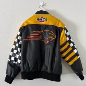 "PENNZOIL logo and Panther patch on back of black and yellow Sam Hornish Jr racing leather jacket"
