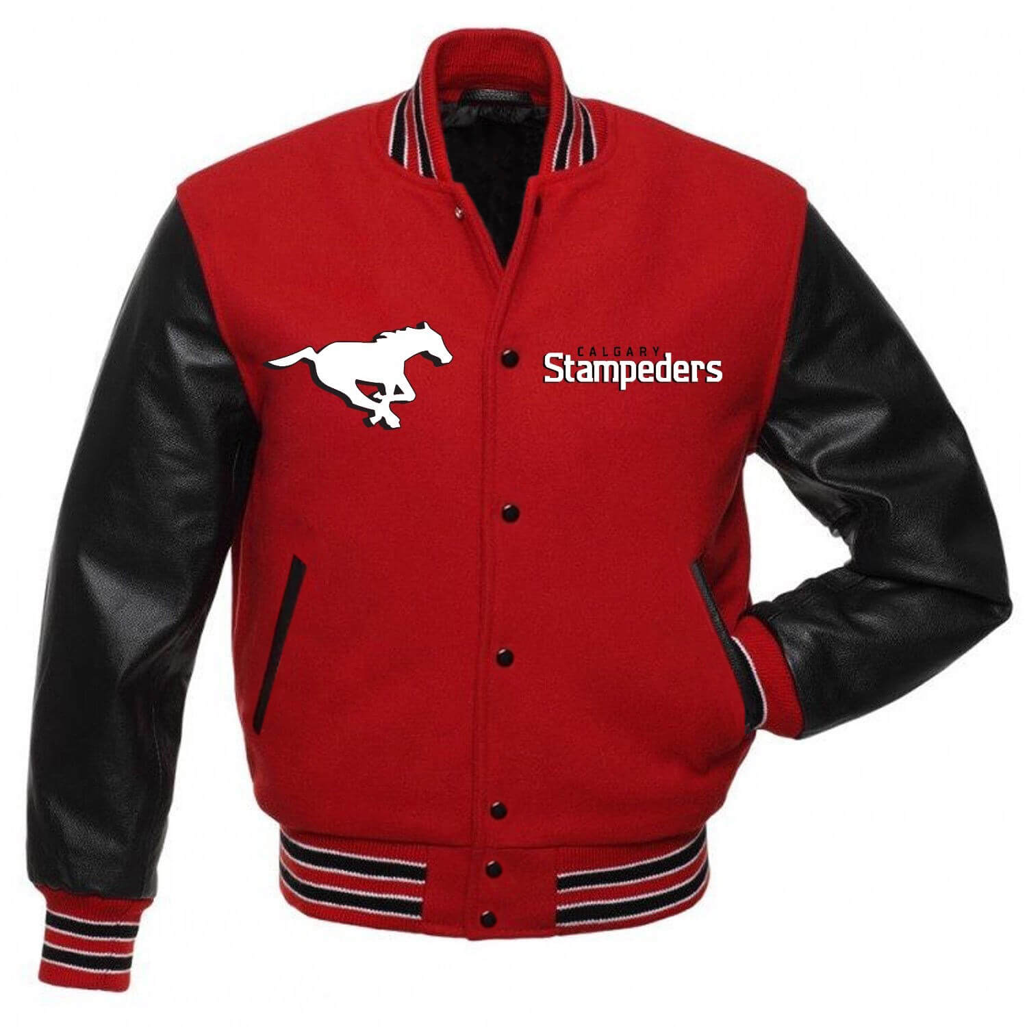 Red-Black-Calgary-Stampeders-Team-Varsity-Jacket-1 Red and black Calgary Stampeders varsity jacket with wool body, leather sleeves, snap closure, and team spell-out and logo on chest