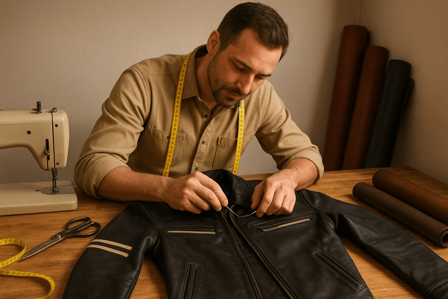 Skilled tailor handcrafting a black leather jacket during order processing stage, with sewing machine, scissors, measuring tape, and leather rolls on wooden table in workshop