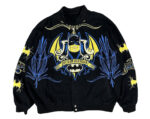 Vintage Batman Gotham Guardian black bomber jacket front view with Gotham Guardian spell logo and snap closure