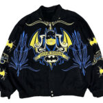 Vintage Batman Gotham Guardian black bomber jacket front view with Gotham Guardian spell logo and snap closure